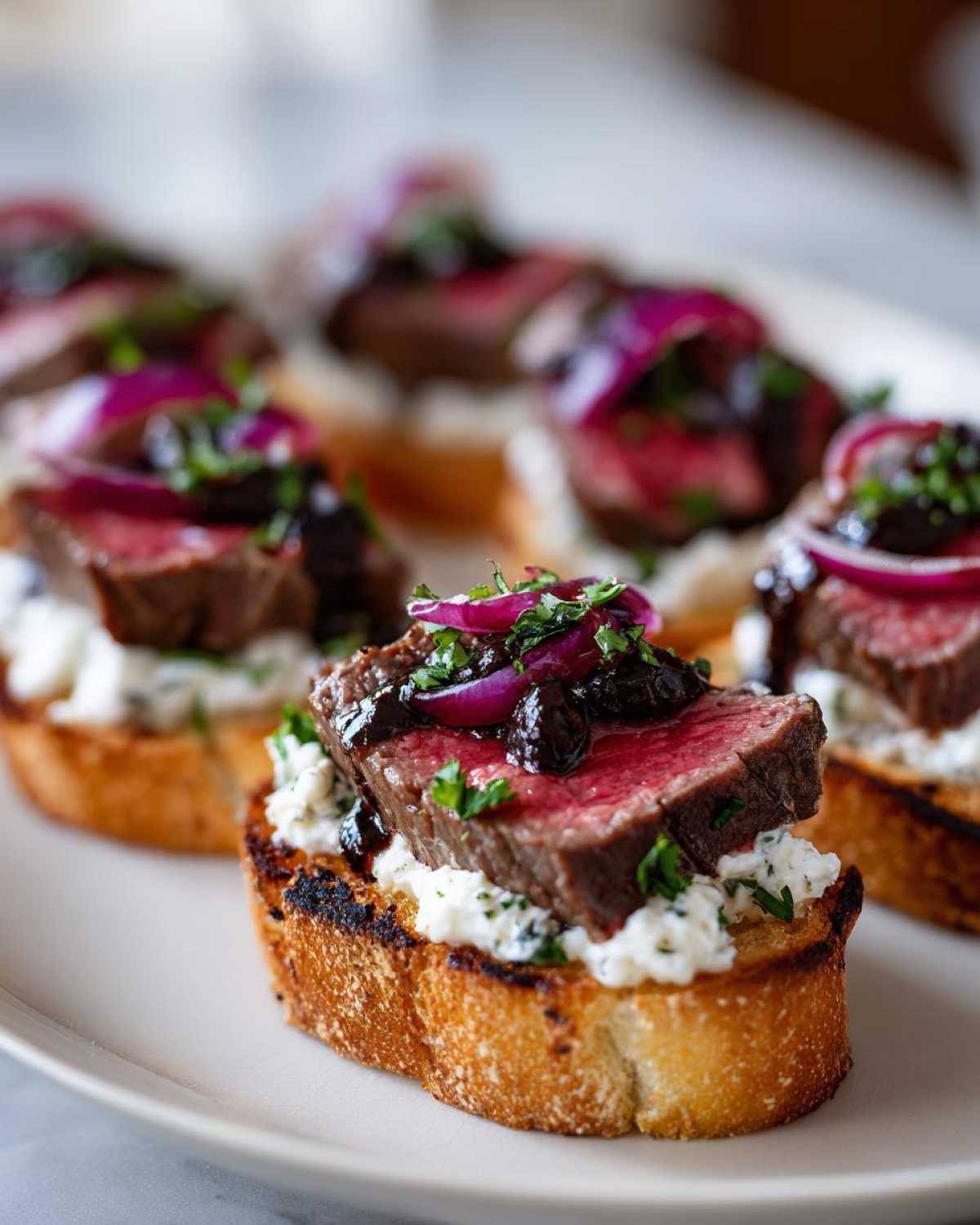 Close-up of a perfectly cooked steak crostini topped with blue cheese spread, rare steak, red onion, and dark relish.