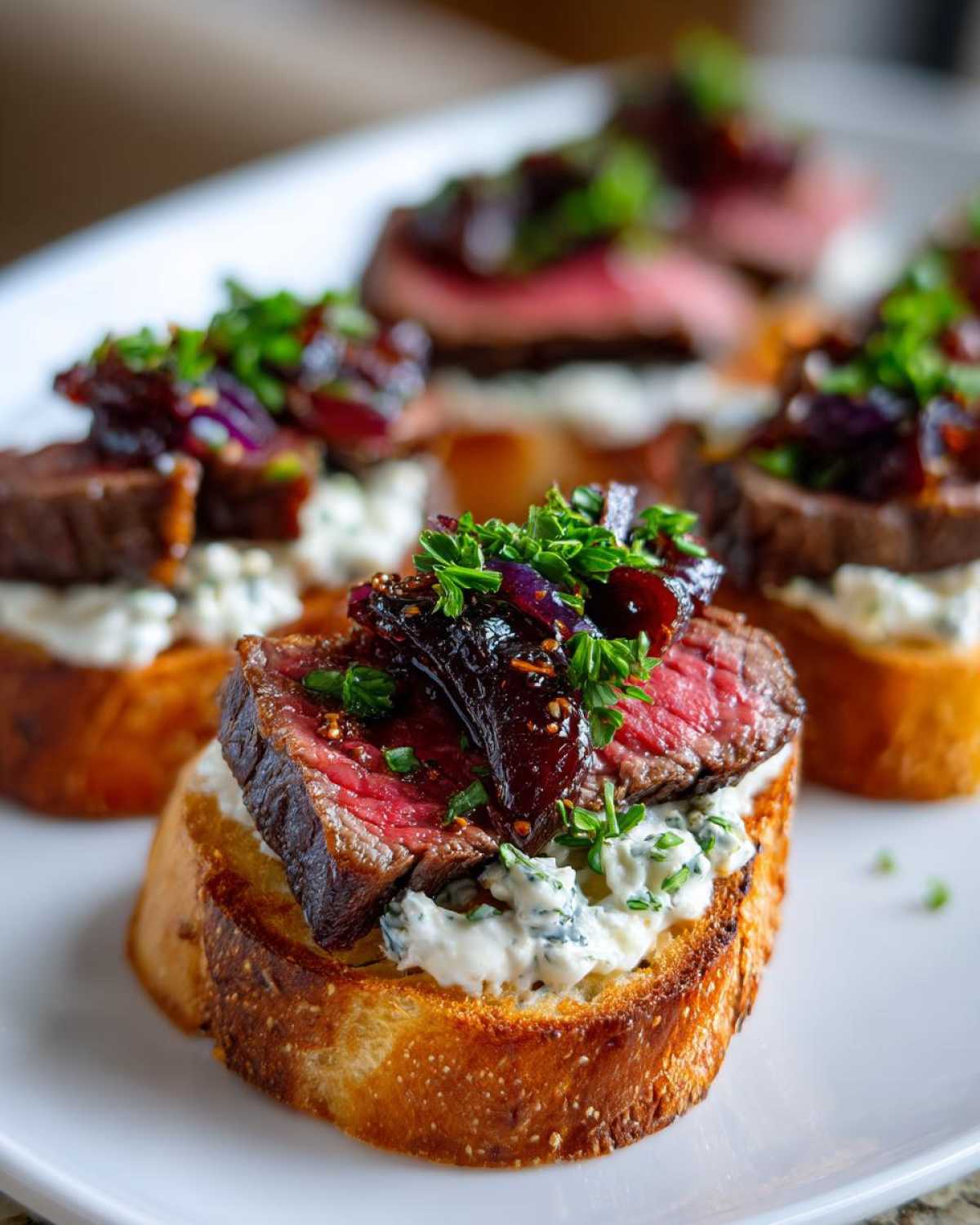 Close-up of a gourmet steak crostini topped with rare steak, blue cheese spread, and caramelized onions.