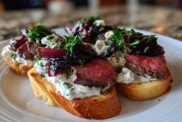 Close-up of three steak crostini appetizers featuring medium-rare steak, creamy cheese spread, and caramelized onions.