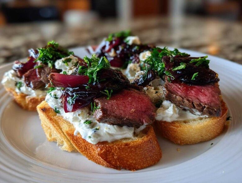 Close-up of three steak crostini appetizers featuring medium-rare steak, creamy cheese spread, and caramelized onions.