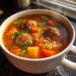 Close-up of a steaming white mug filled with rich, red Albondigas soup containing meatballs, rice, carrots, potatoes, and cilantro.