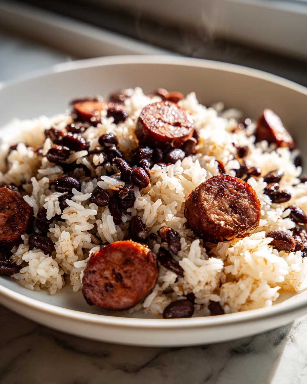 Close-up of a white bowl filled with steaming black beans and rice topped with slices of browned sausage.