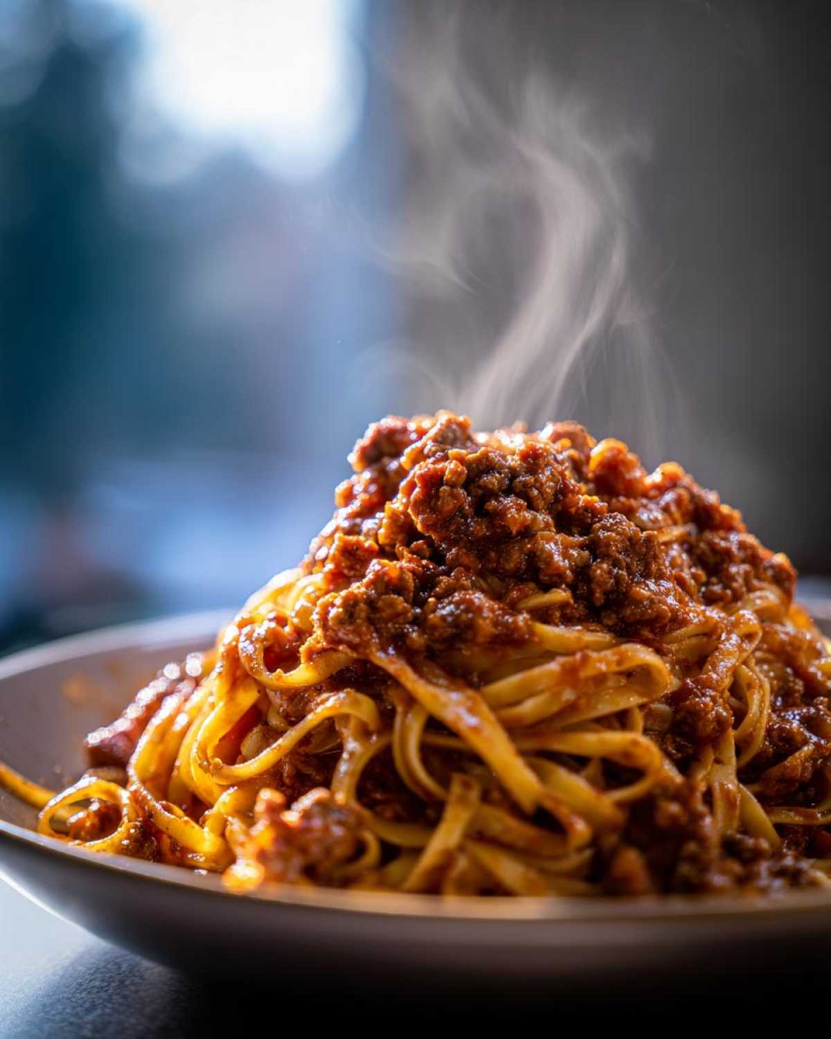 Close-up of steaming hot tagliatelle pasta generously topped with rich, meaty bolognese sauce.