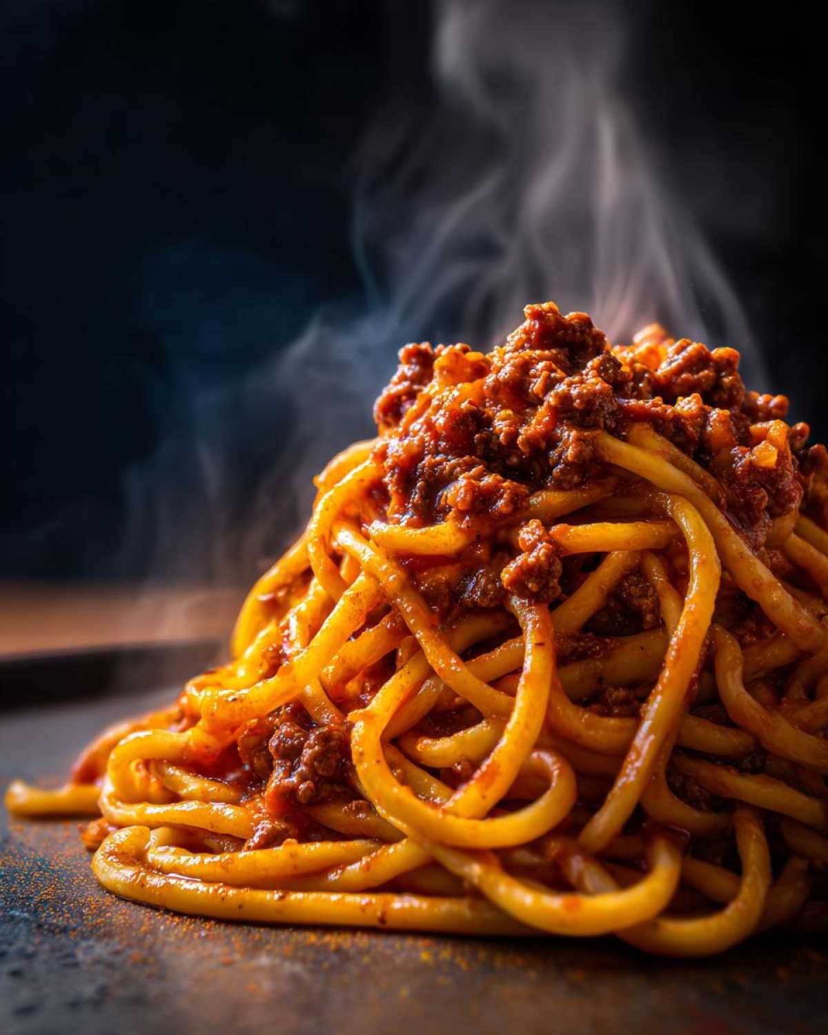 Close-up of steaming spaghetti noodles generously topped with rich, hearty bolognese sauce.