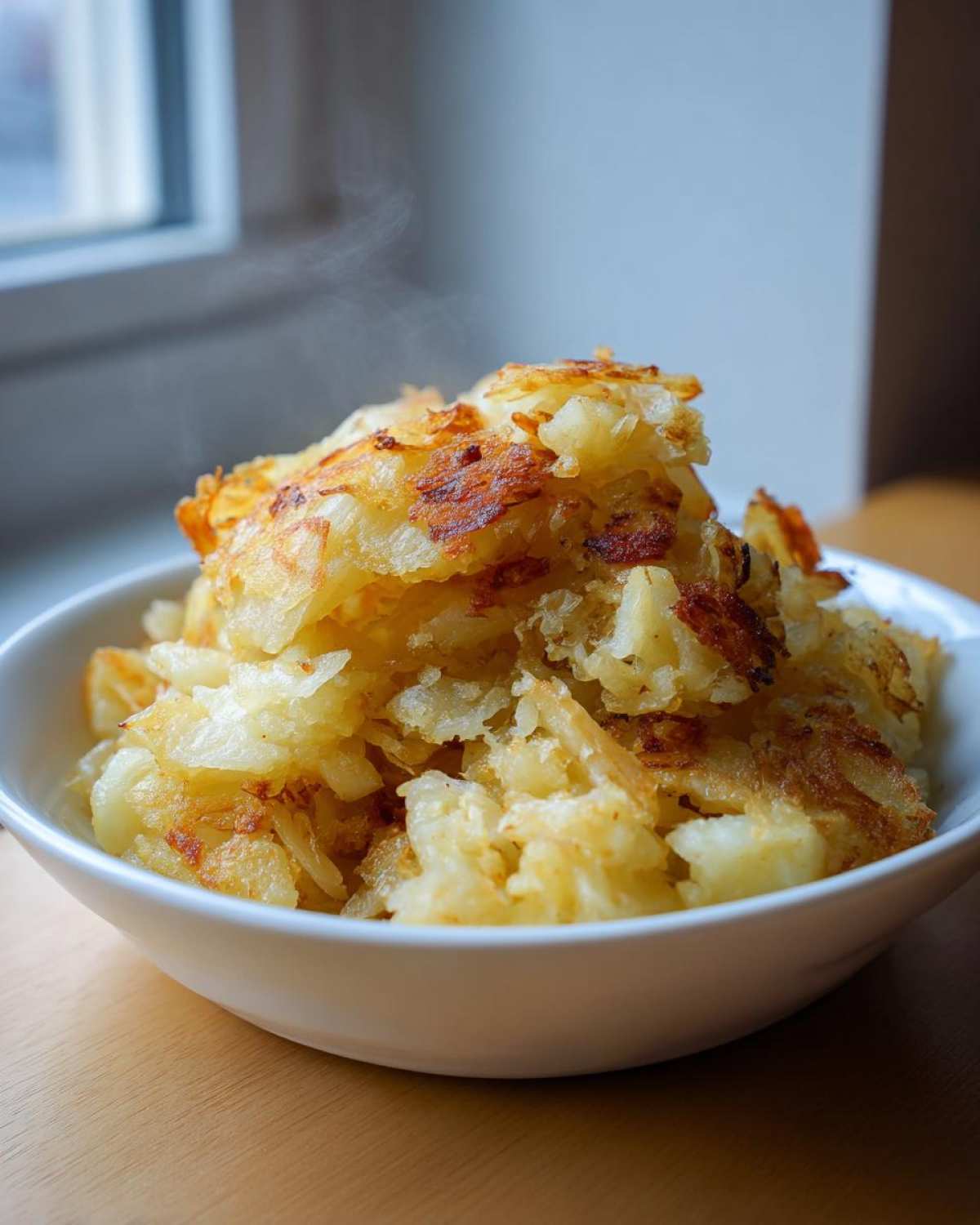 A white bowl overflowing with golden brown, crispy fried potatoes, showing steam rising from the top.