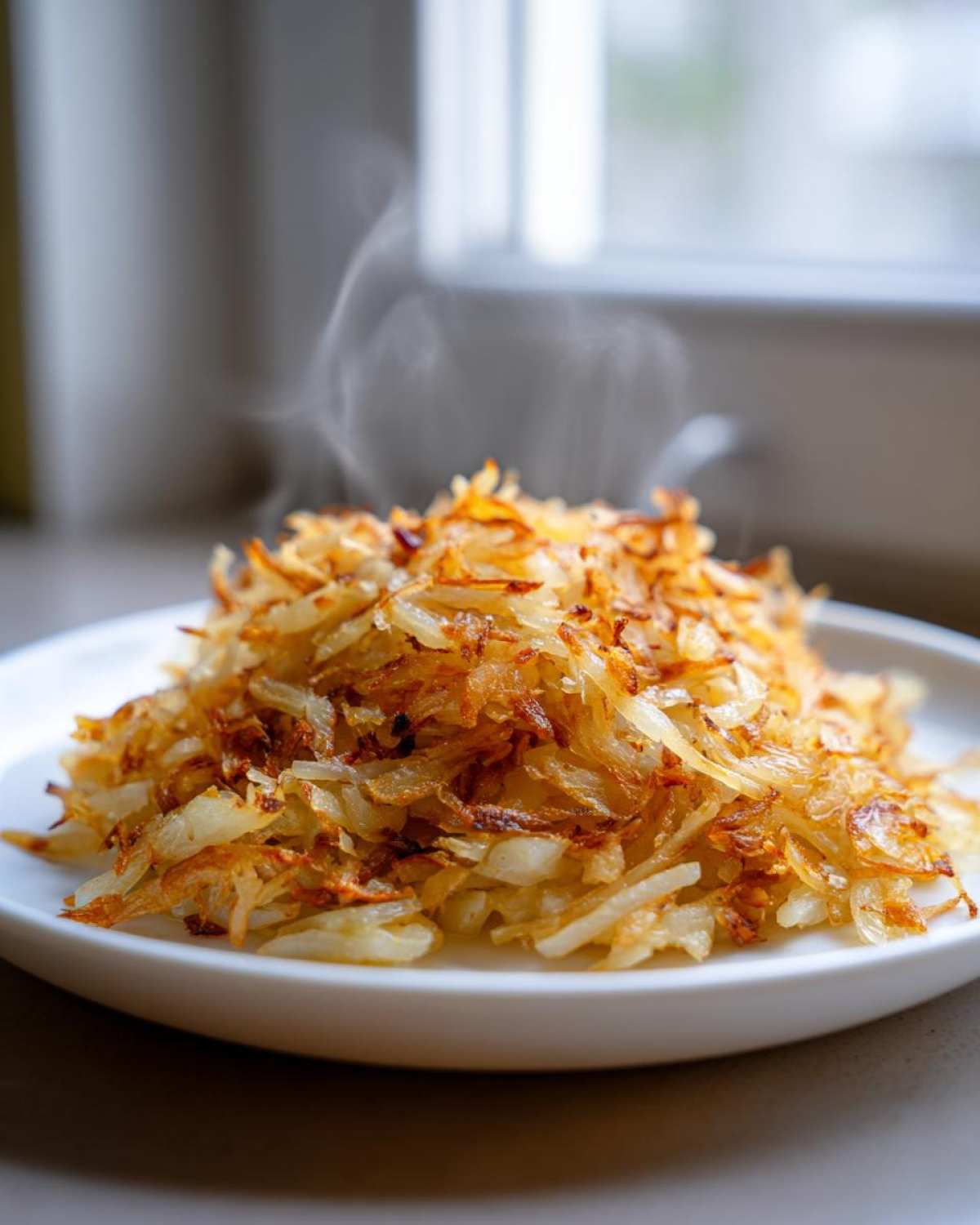 A close-up of a mound of golden brown, steaming fried potatoes served on a white plate.