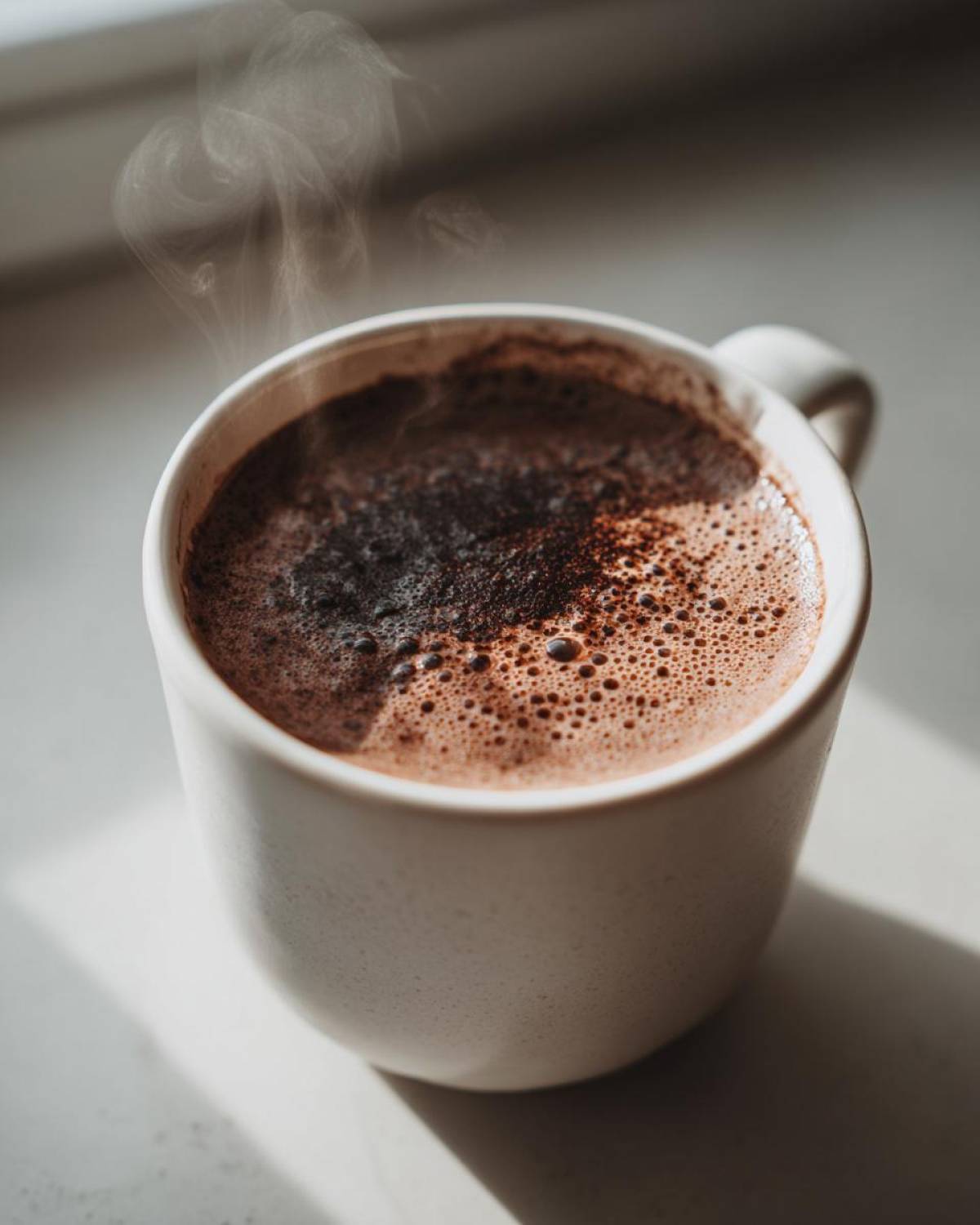 Close-up of steaming homemade hot cocoa in a white speckled mug, showing rich chocolate foam.