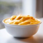 Close-up of a small white bowl filled with thick, bright orange, steaming nacho cheese sauce.
