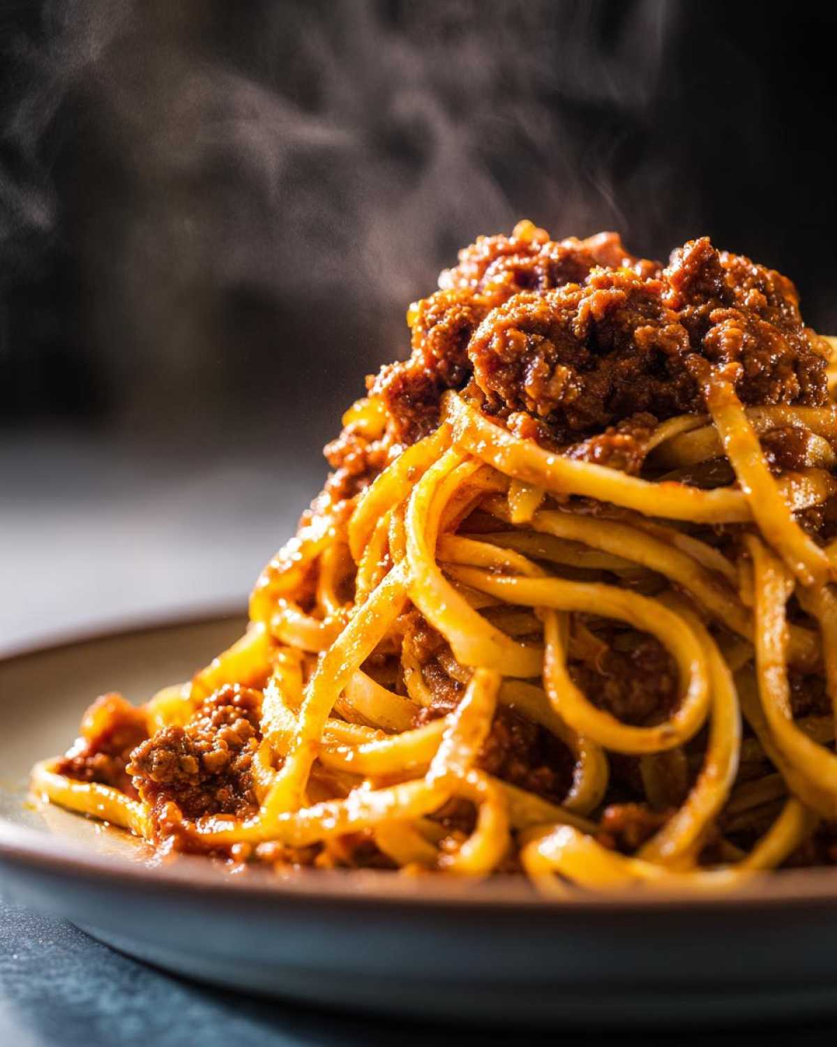 A close-up of steaming hot pasta topped generously with rich bolognese sauce on a dark plate.