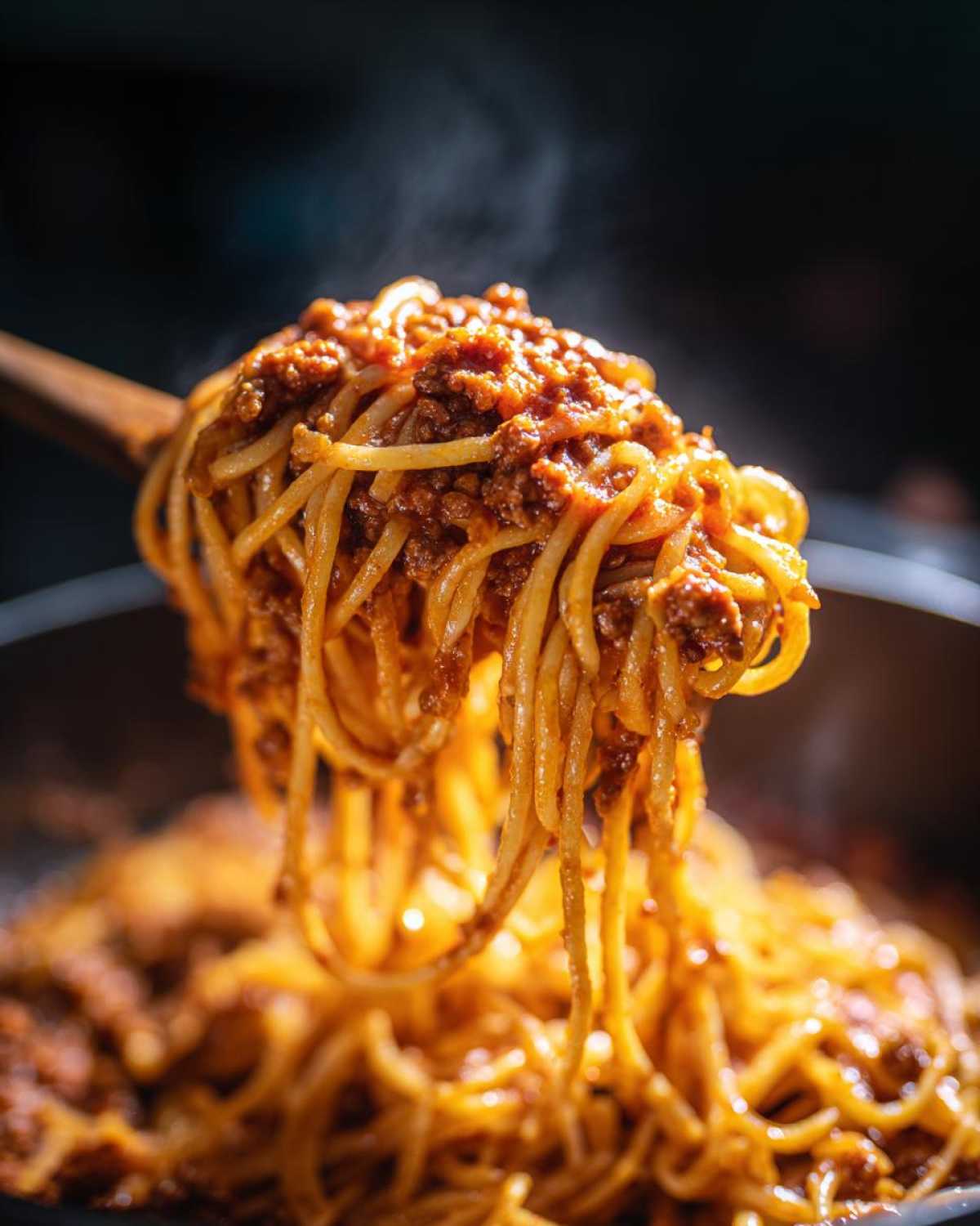 Close-up of steaming spaghetti being lifted with a wooden spoon, coated heavily in rich bolognese sauce.