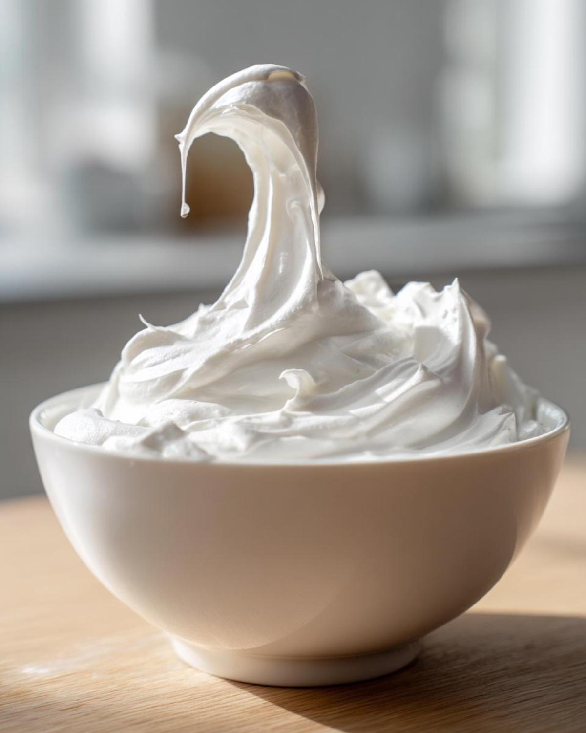 A white bowl filled with perfectly stiff, glossy royal icing recipe mixture, showing sharp peaks.
