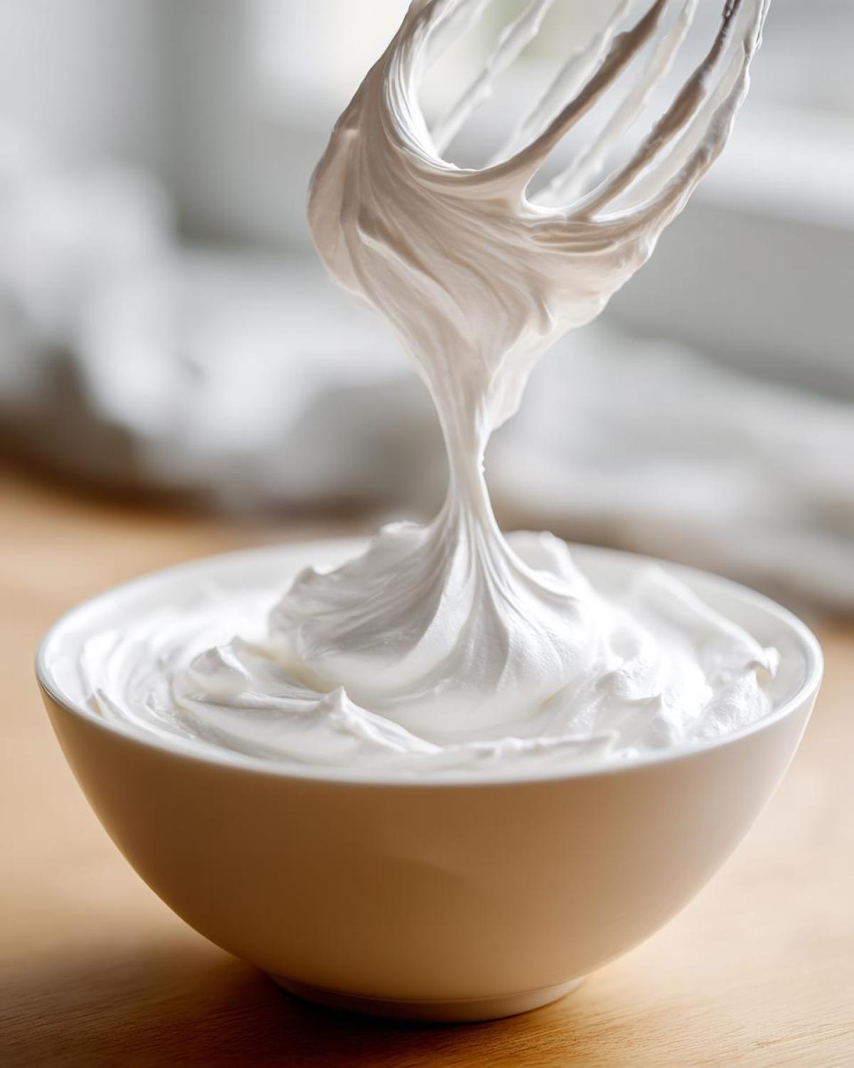 Close-up of stiff, glossy white royal icing recipe mixture dripping from a whisk attachment into a white bowl.