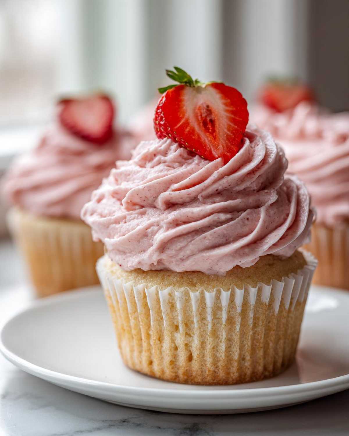 A close-up of one perfect strawberry cupcake with light pink strawberry frosting and a fresh strawberry half on top.