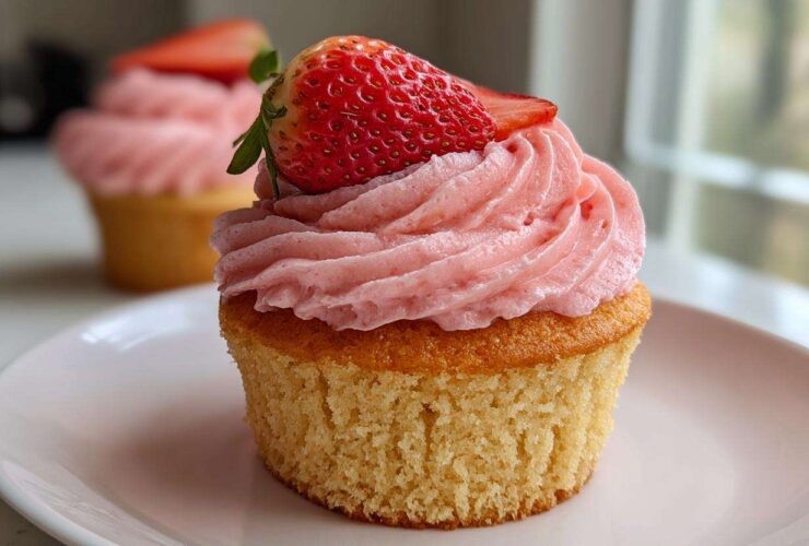 A close-up of one perfectly baked strawberry cupcake topped with pink frosting and a fresh strawberry slice.