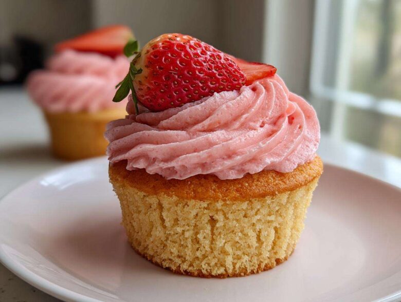 A close-up of one perfectly baked strawberry cupcake topped with pink frosting and a fresh strawberry slice.