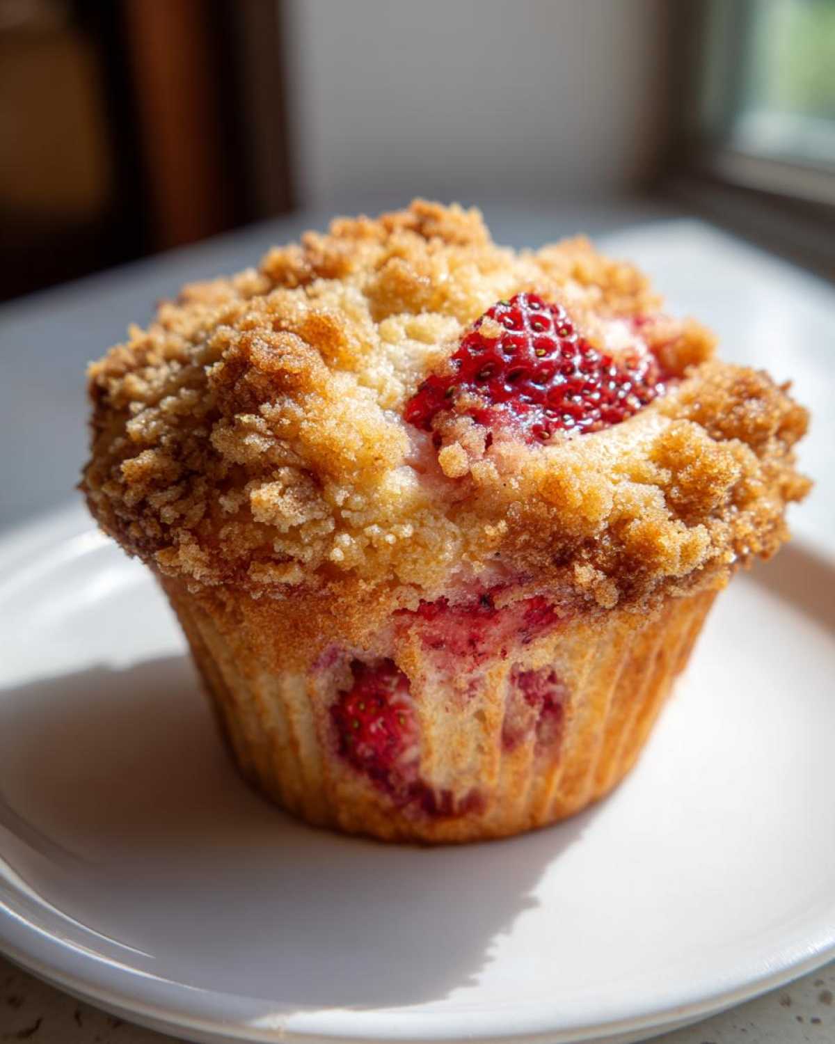 A single, freshly baked strawberry muffin with a golden crumb topping and visible strawberry pieces inside.
