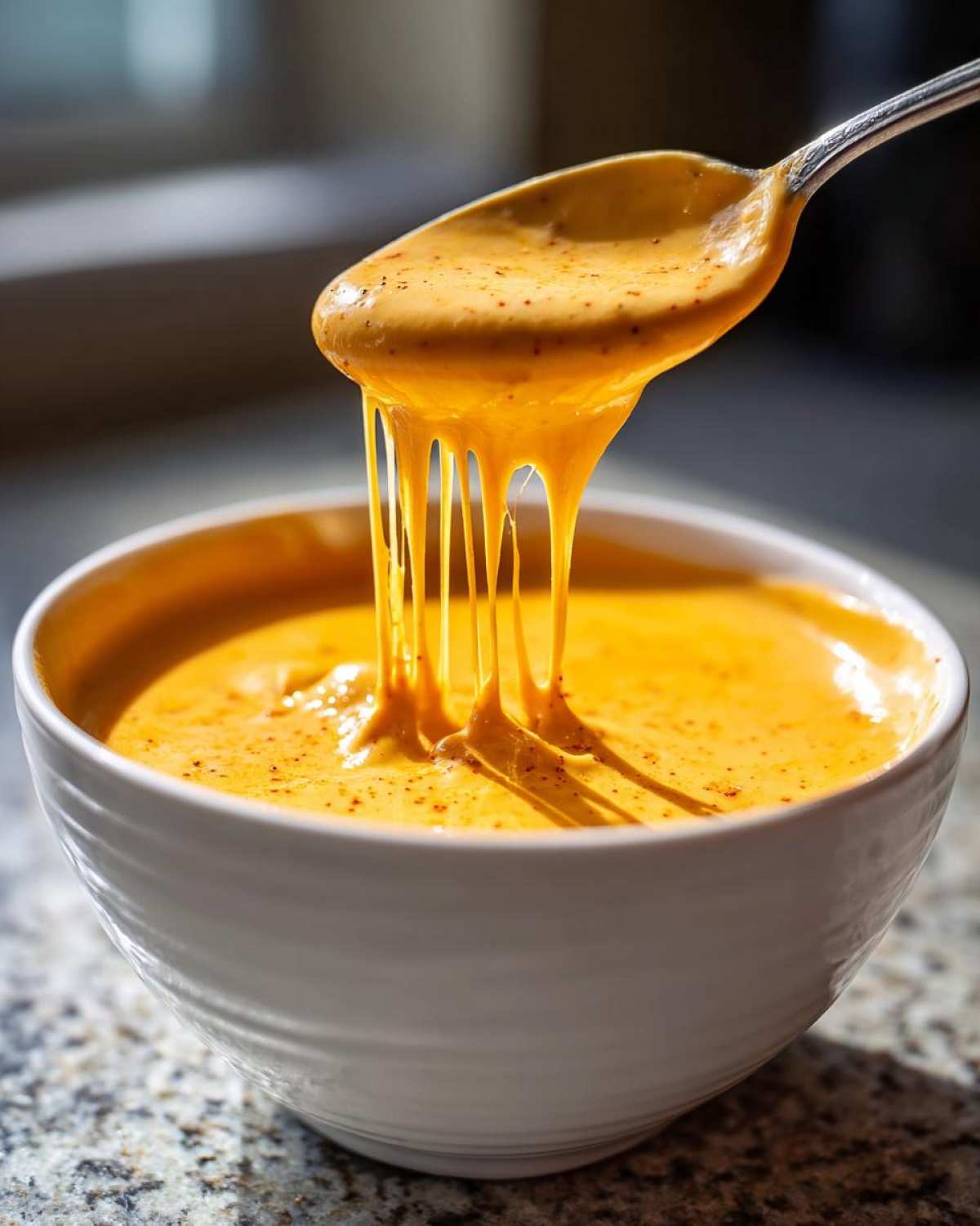 A spoonful of thick, orange beer cheese dip dripping strings back into a white bowl.