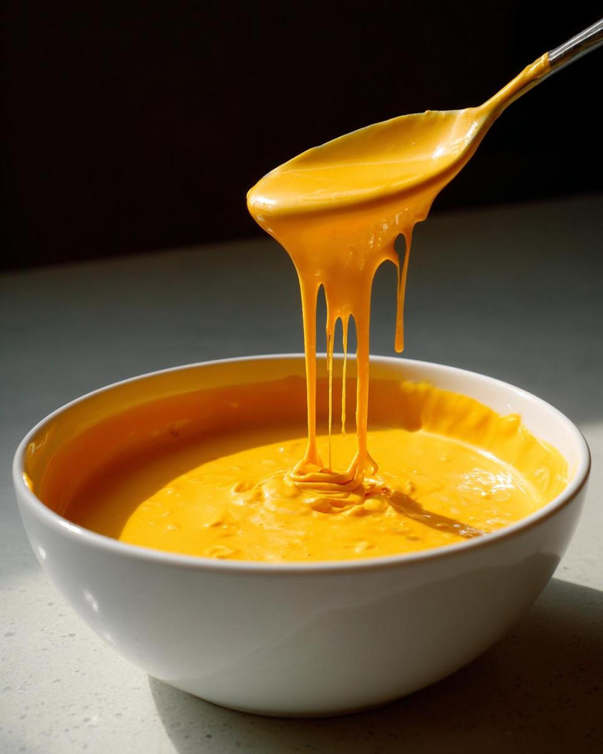 A spoonful of thick, bright orange beer cheese dip is lifted from a white bowl, showing long, gooey strings.