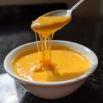 A spoonful of bright orange, gooey beer cheese dip is lifted from a white bowl, showing long, stretchy cheese pulls.