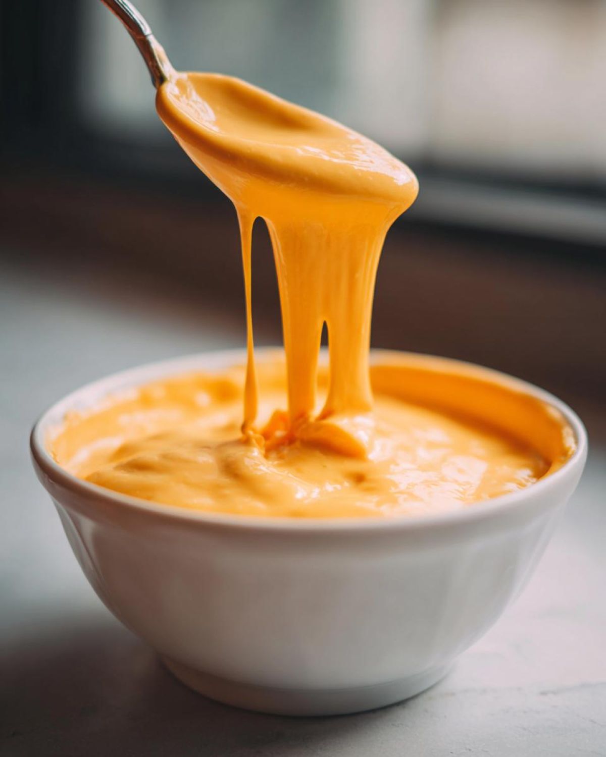 A spoonful of thick, bright orange beer cheese dip is lifted from a white bowl, showing its incredible stretch.
