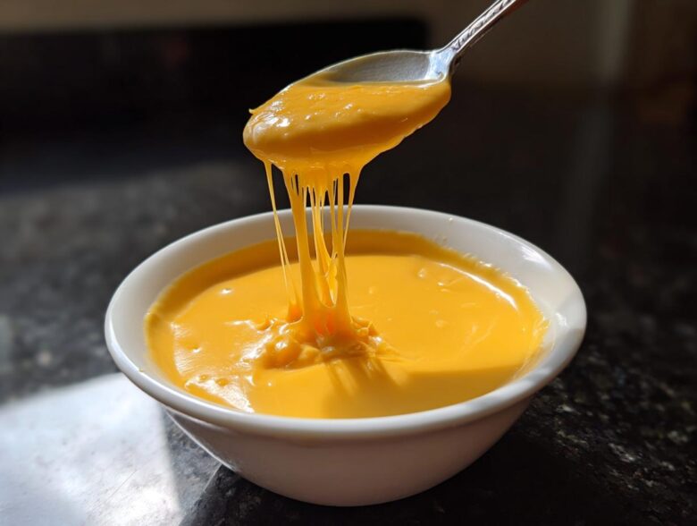 A spoonful of bright orange, gooey beer cheese dip is lifted from a white bowl, showing long, stretchy cheese pulls.