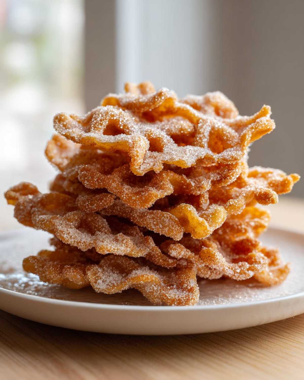 A tall stack of golden-brown, crispy buñuelos generously coated in granulated sugar.