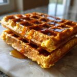 Close-up of two golden brown pumpkin waffles stacked and drizzled generously with syrup.
