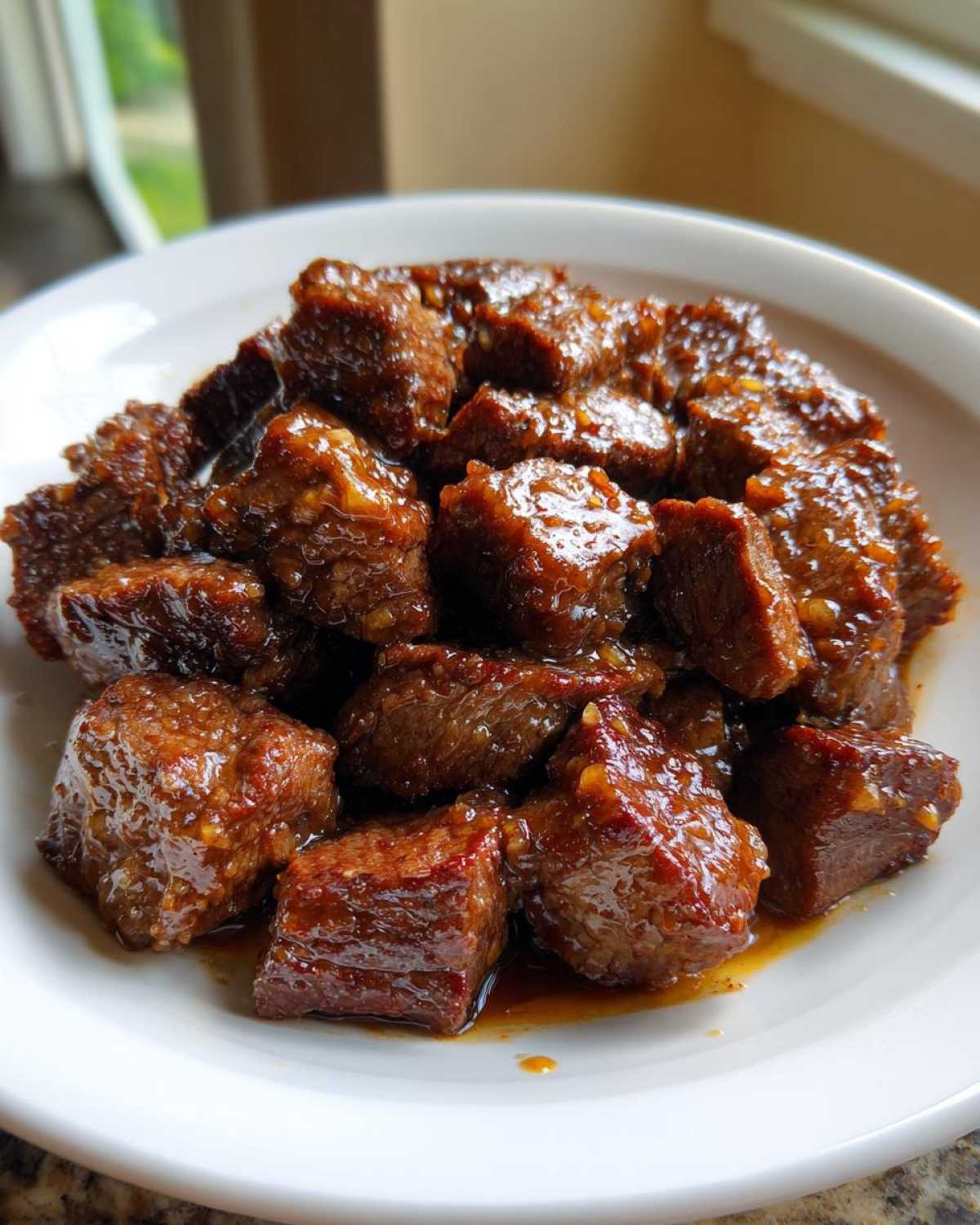 Close-up of tender, cubed crockpot steak coated in a rich, savory brown glaze served on a white plate.