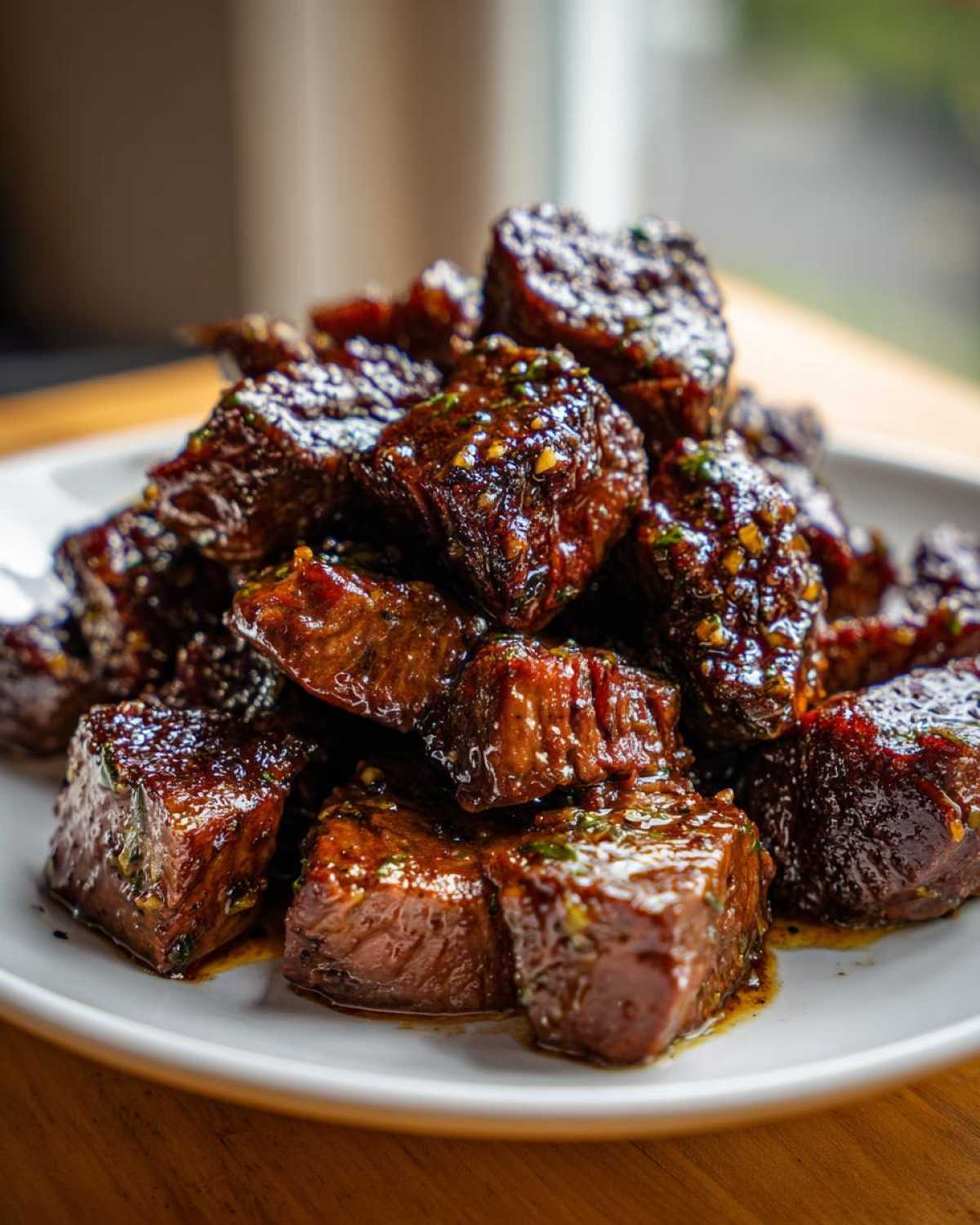 A pile of tender, glazed crockpot steak bites served on a white plate, glistening with sauce.