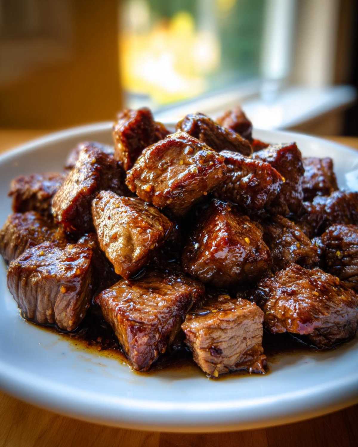 Close-up of tender, glazed cubes of crockpot steak piled high on a white plate.