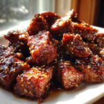Close-up of tender crockpot steak cut into cubes, coated in a dark, glossy glaze and sprinkled with sesame seeds.
