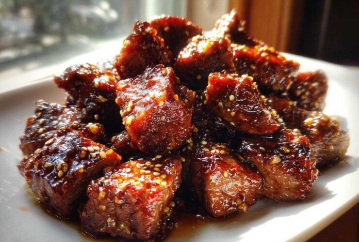 Close-up of tender crockpot steak cut into cubes, coated in a dark, glossy glaze and sprinkled with sesame seeds.