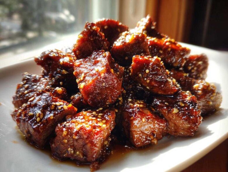 Close-up of tender crockpot steak cut into cubes, coated in a dark, glossy glaze and sprinkled with sesame seeds.