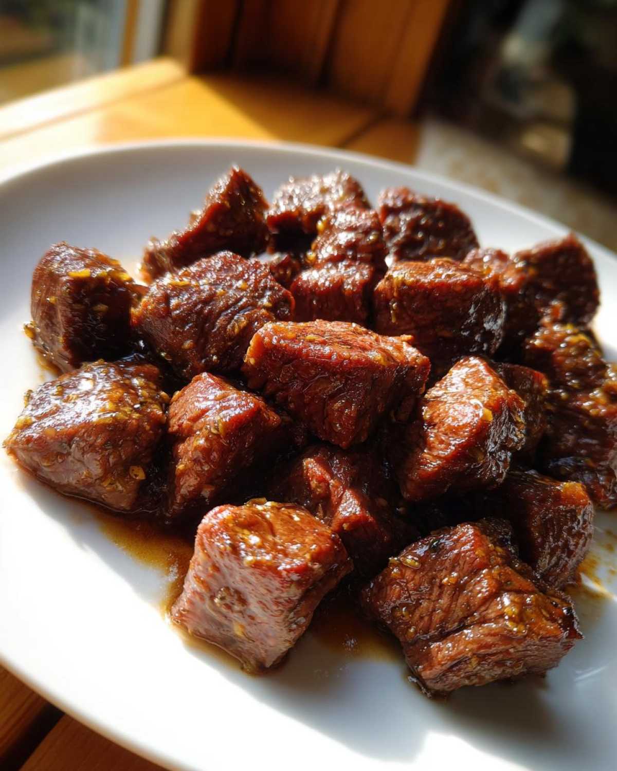 Close-up of tender, saucy cubes of crockpot steak served on a white plate.
