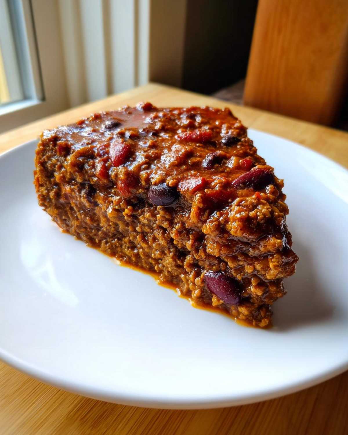 A thick, wedge-shaped slice of rich crockpot chili, featuring ground meat and kidney beans, served on a white plate.