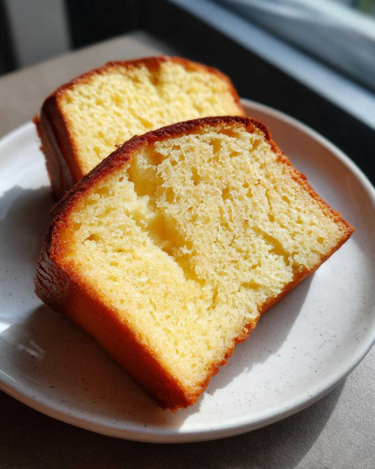 Two thick slices of golden bread, perfect for making easy french toast, resting on a white plate.