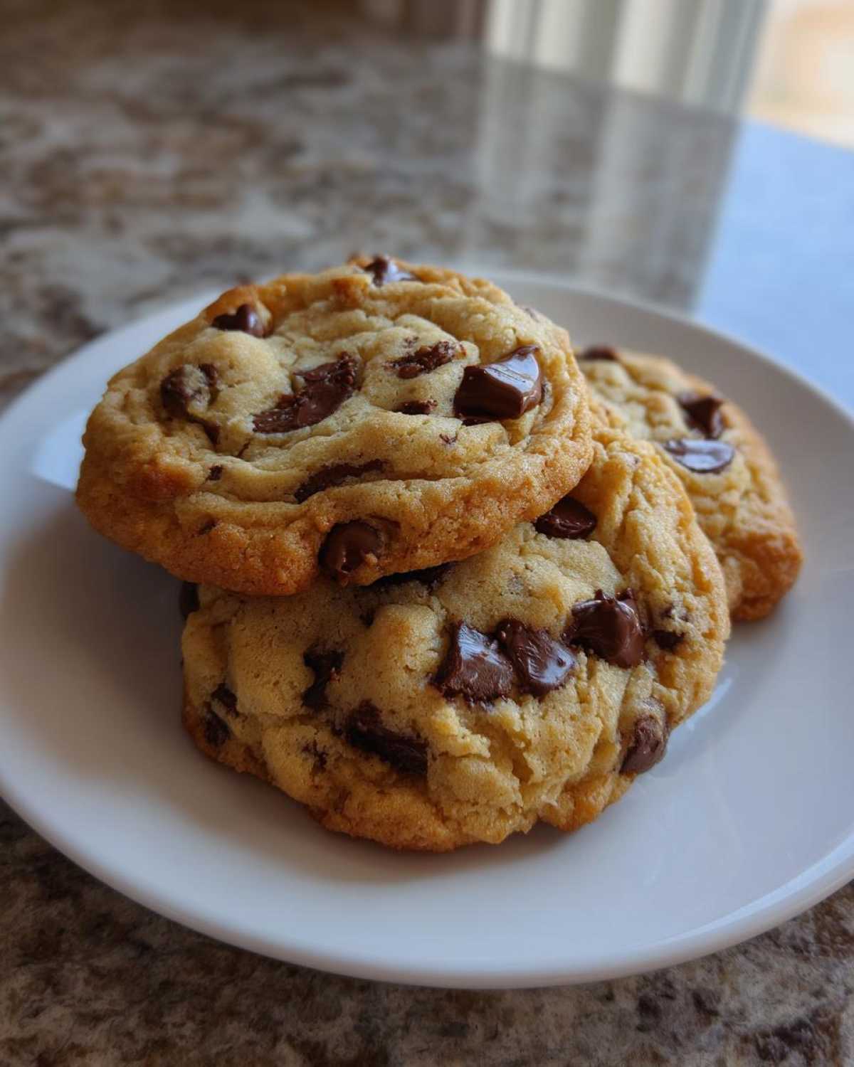 Three freshly baked, thick chocolate chip cookies stacked slightly on a white plate.