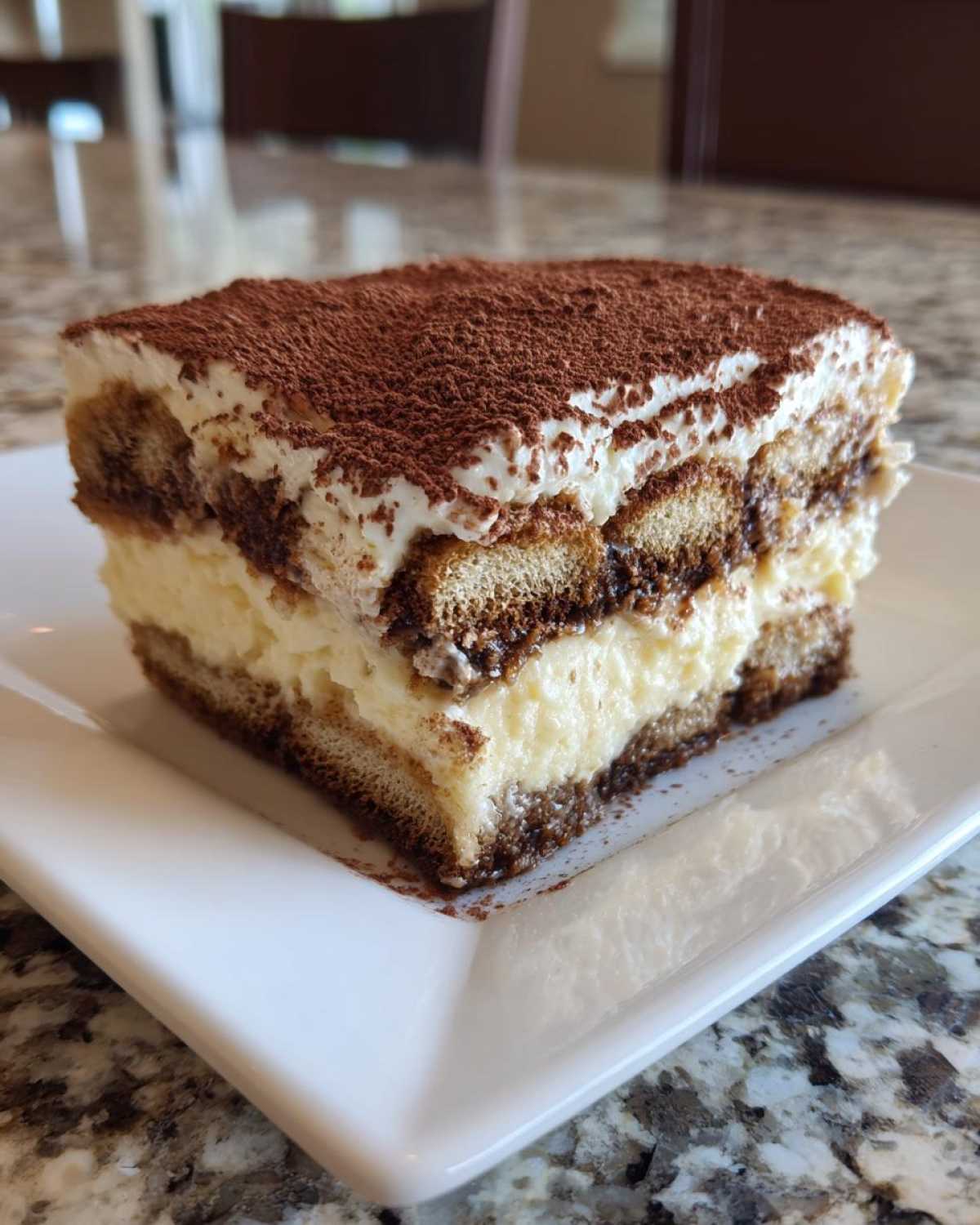 A perfect slice of layered tiramisu cheesecake topped with whipped cream and cocoa powder.