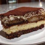 A rich, layered slice of tiramisu cheesecake dusted heavily with cocoa powder.