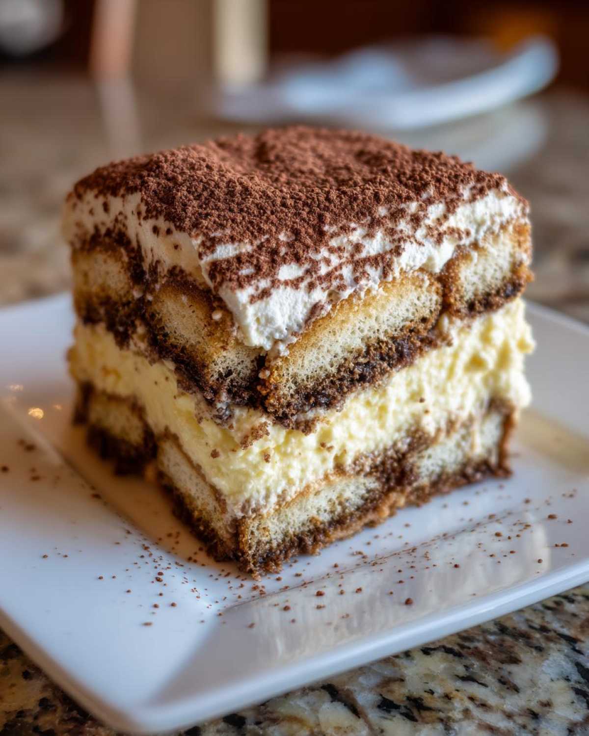 A decadent, layered slice of tiramisu cheesecake dusted heavily with cocoa powder on a white plate.
