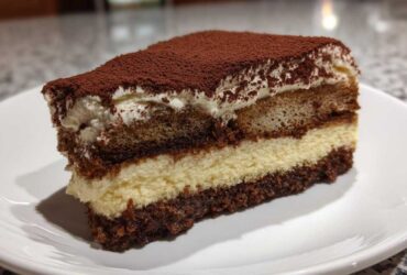 A rich, layered slice of tiramisu cheesecake dusted heavily with cocoa powder.