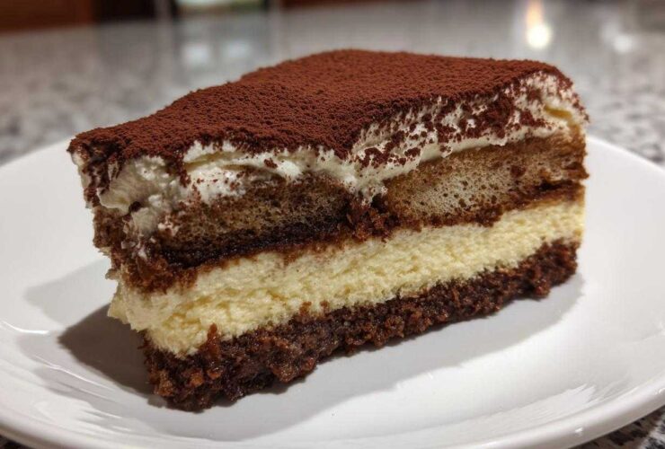 A rich, layered slice of tiramisu cheesecake dusted heavily with cocoa powder.