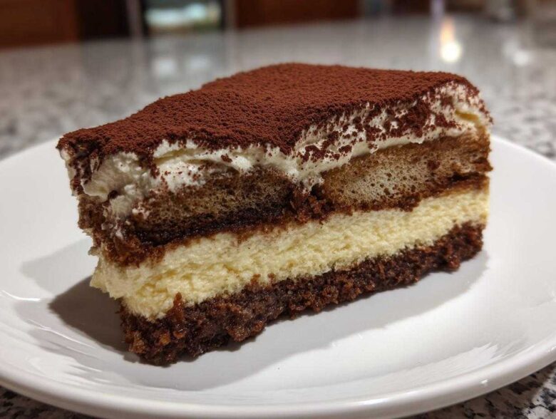 A rich, layered slice of tiramisu cheesecake dusted heavily with cocoa powder.