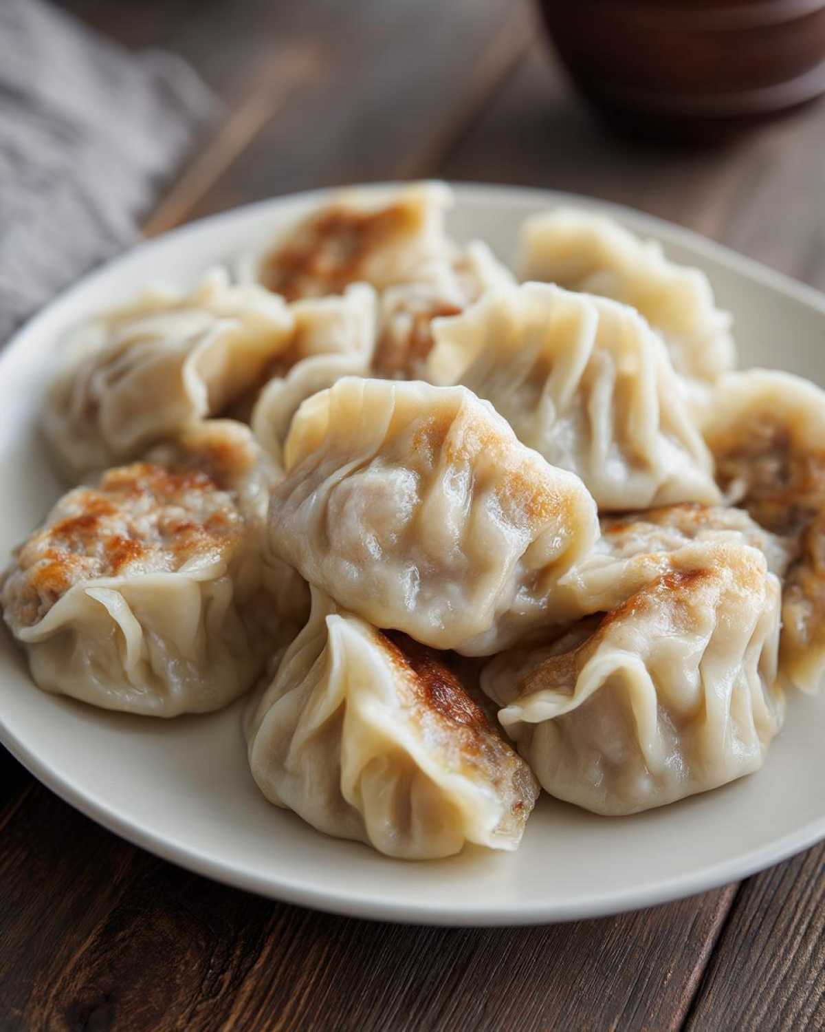 A close-up of several pan-fried Traditional Chinese Dumplings piled on a white plate.