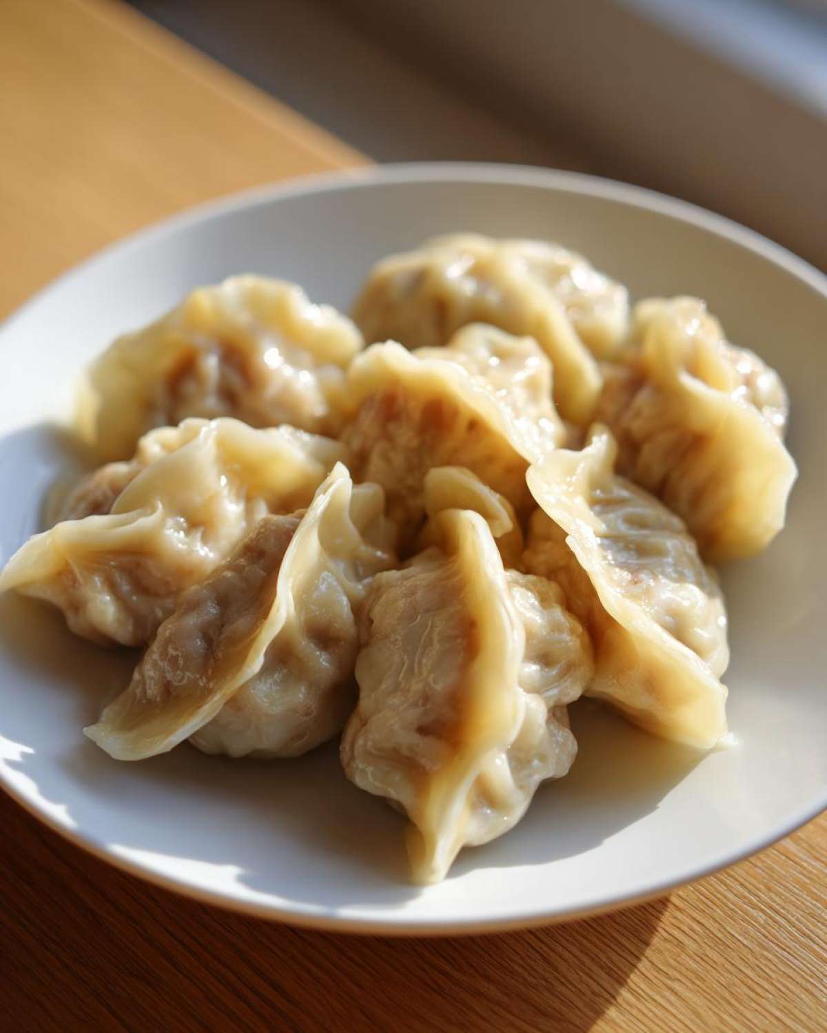 A close-up of several steamed Traditional Chinese Dumplings piled on a white plate resting on a wooden surface.