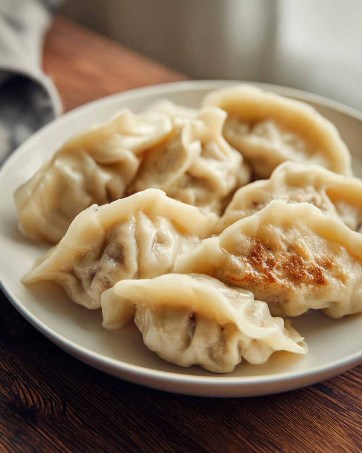 A close-up of several freshly made Traditional Chinese Dumplings, some steamed and one lightly pan-fried, served on a white plate.