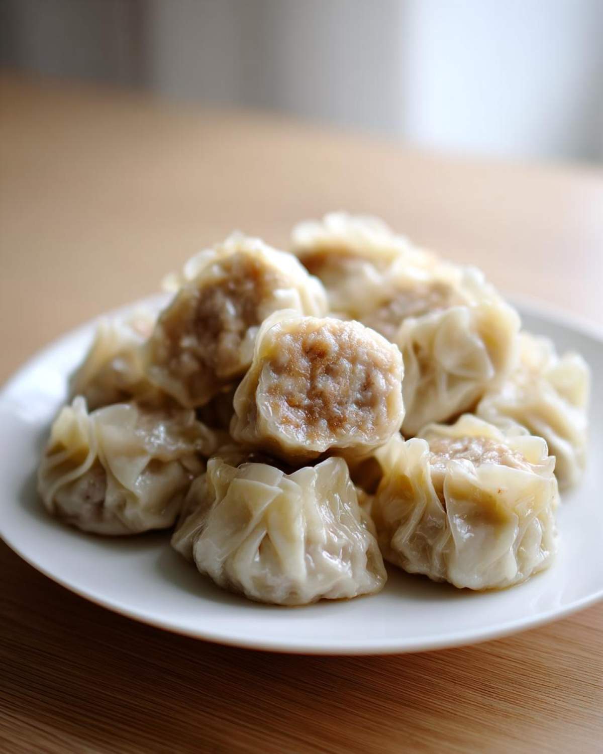A close-up of steamed Traditional Chinese Dumplings (Shumai style) piled on a white plate.