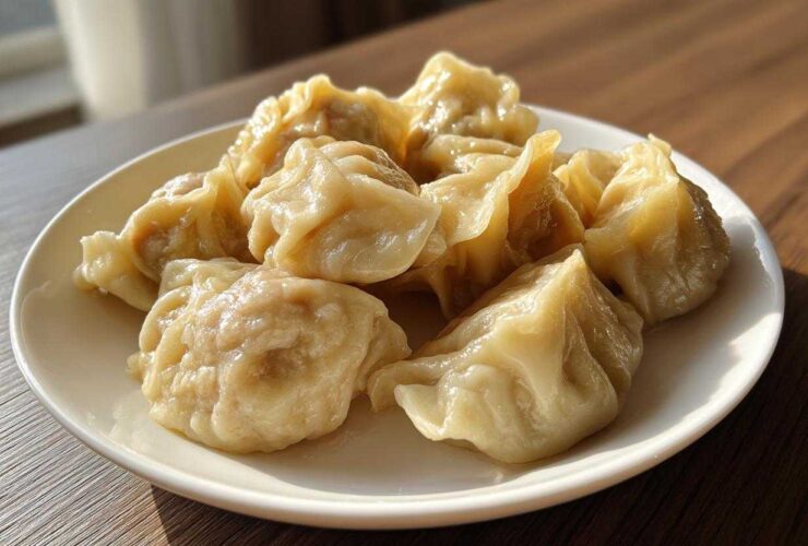 A close-up of several freshly steamed Traditional Chinese Dumplings piled on a white plate, glistening under natural light.