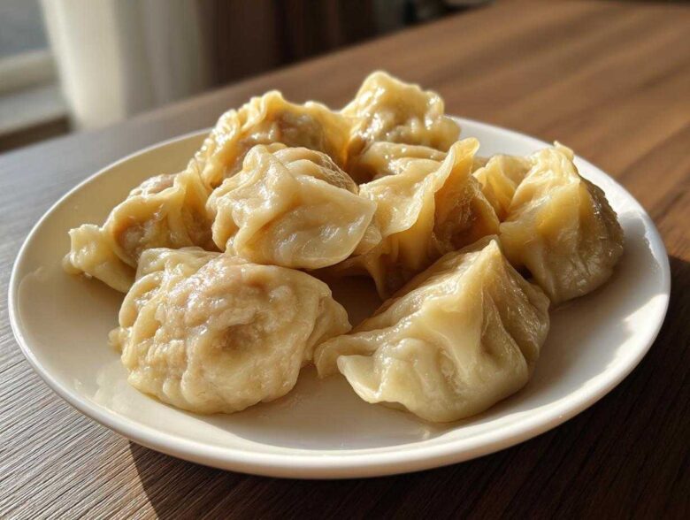 A close-up of several freshly steamed Traditional Chinese Dumplings piled on a white plate, glistening under natural light.