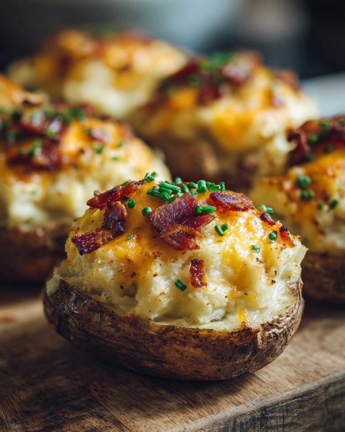 A close-up of a perfectly prepared twice-baked potato, stuffed with creamy filling, melted cheddar cheese, bacon bits, and chives.